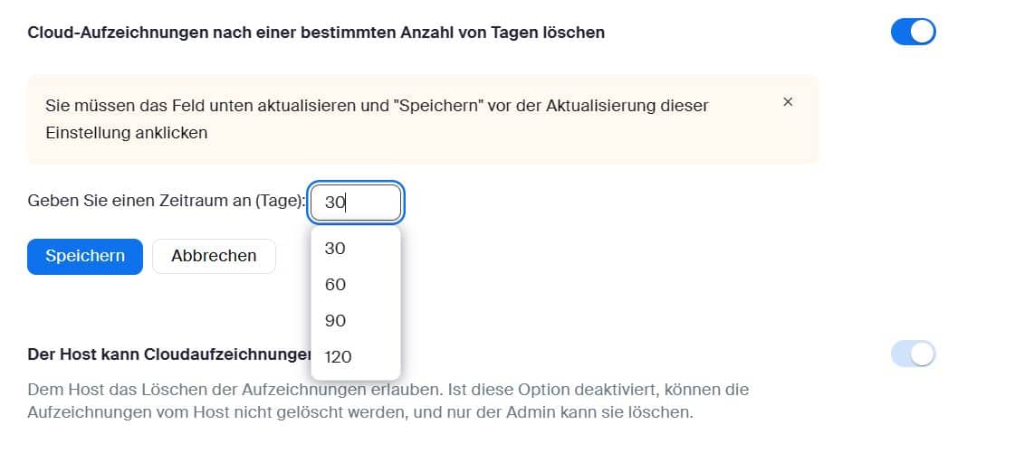 Einblick in Zoom Backend zur automatischen Löschung